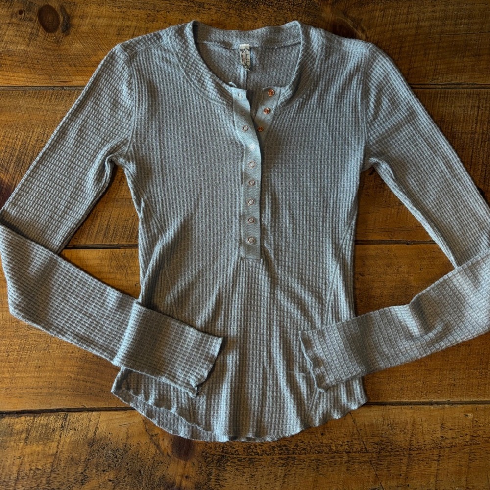 Intimately by Free People Womens Long Sleeve Gray Waffle Knit Pajama Top XS